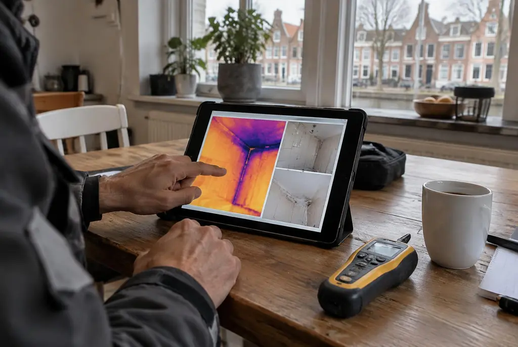 Lekdetectie Hulshorst – lekdetectierapport met warmtebeelden en foto's op een tablet