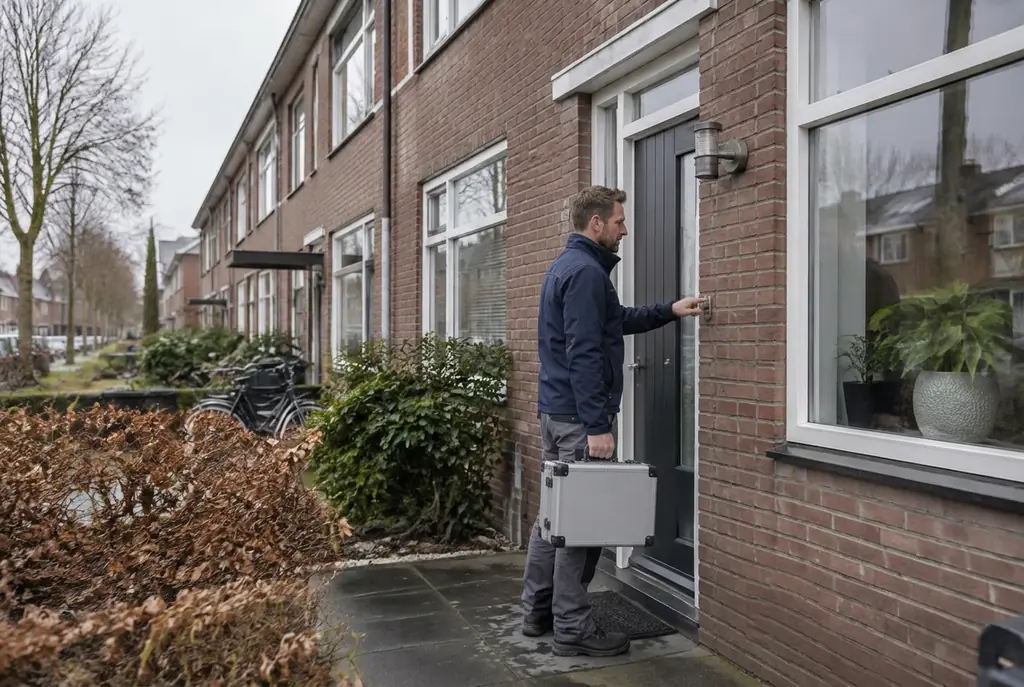 Lekdetectiespecialist met meetkoffer bij de voordeur van een woning in Hulshorst